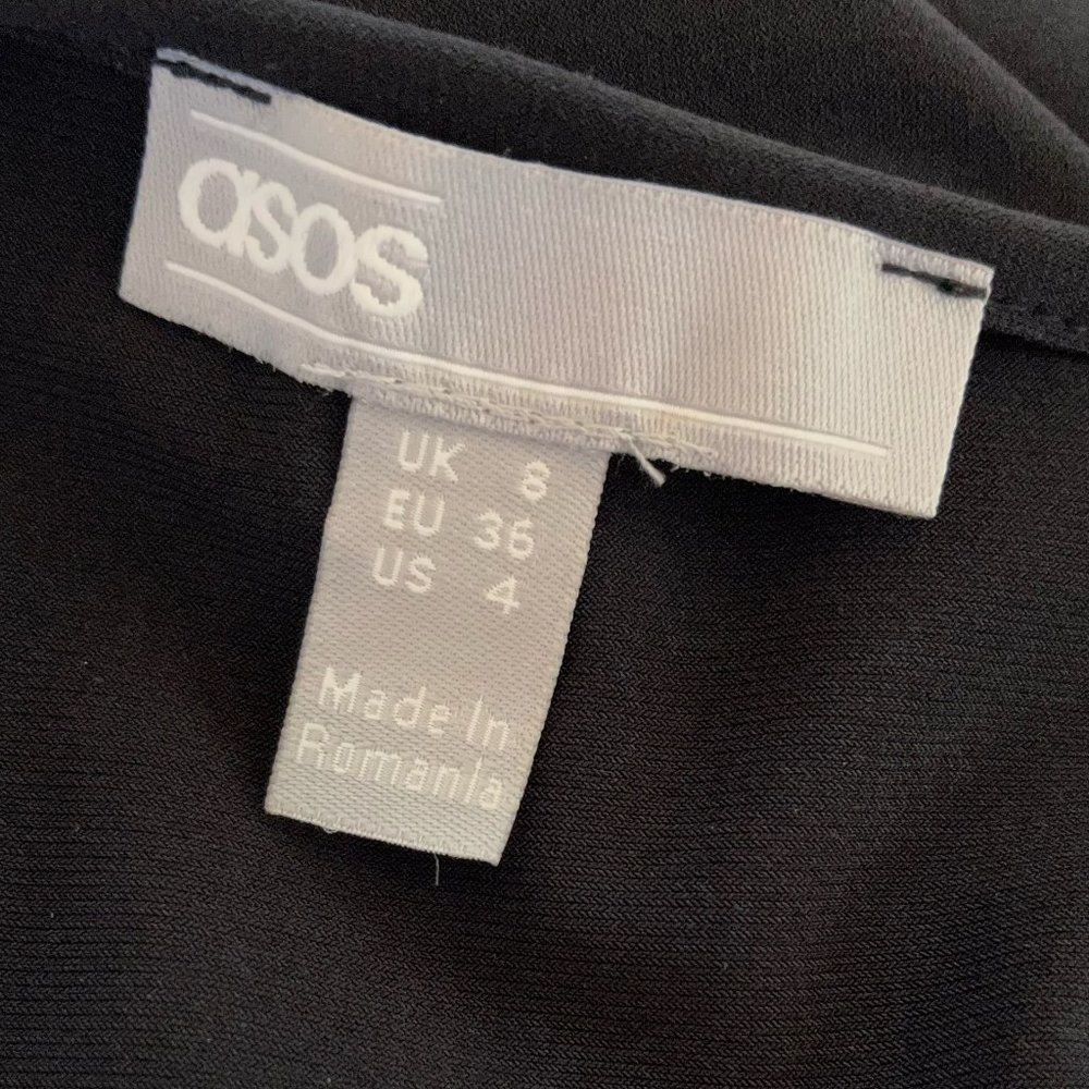 ASOS Deep V-Neck Black Midi Dress Elastic Waist Short Dolman Sleeves Versatile L - Picture 4 of 8